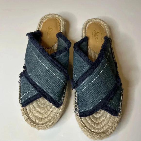 Bass Espadrille Wedge Sandals Woven Base with Denim Crossover Top Womens Size 7 - Picture 1 of 7